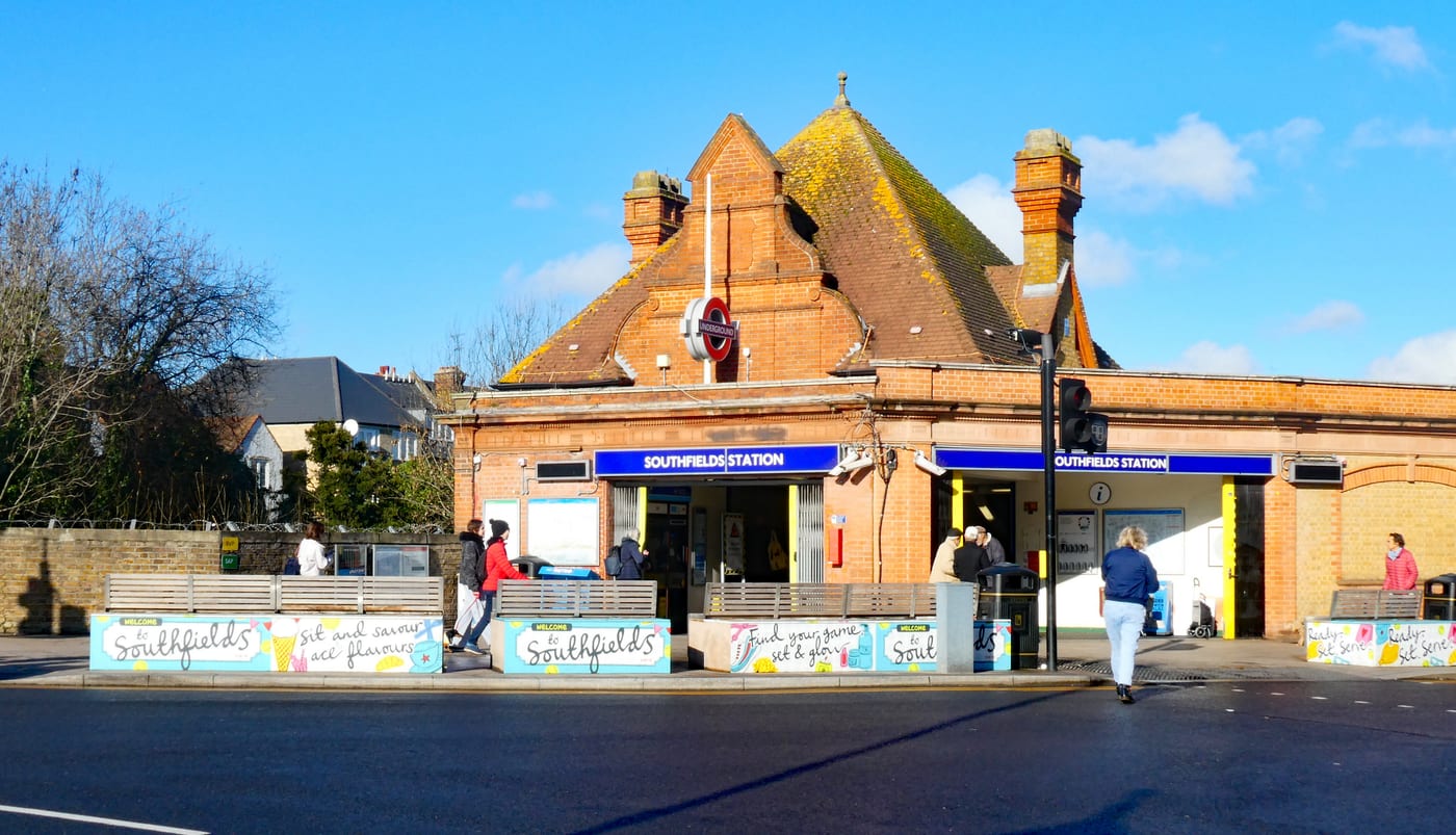 Welcome to Southfields sign, near Southfields Underground station